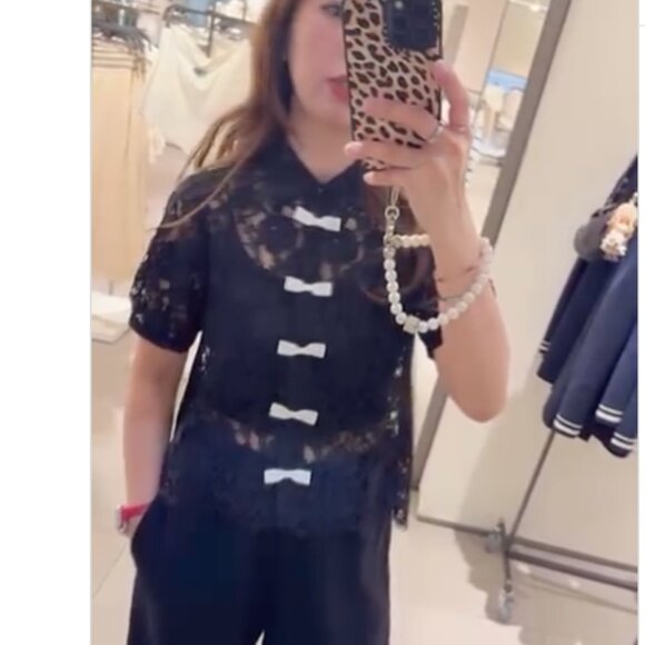 Zara Women Black Lace Top with White Bows Short Sleeve M NWT 3617/922 - Picture 5 of 11